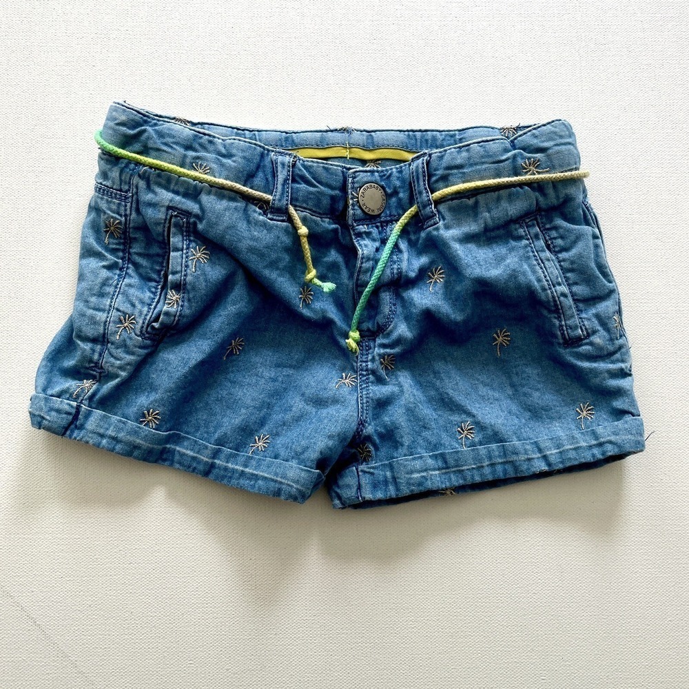 Zara Girls 2/3Y Blue Denim Palm Print Tie Waist Summer Shorts Boho Casual Wear